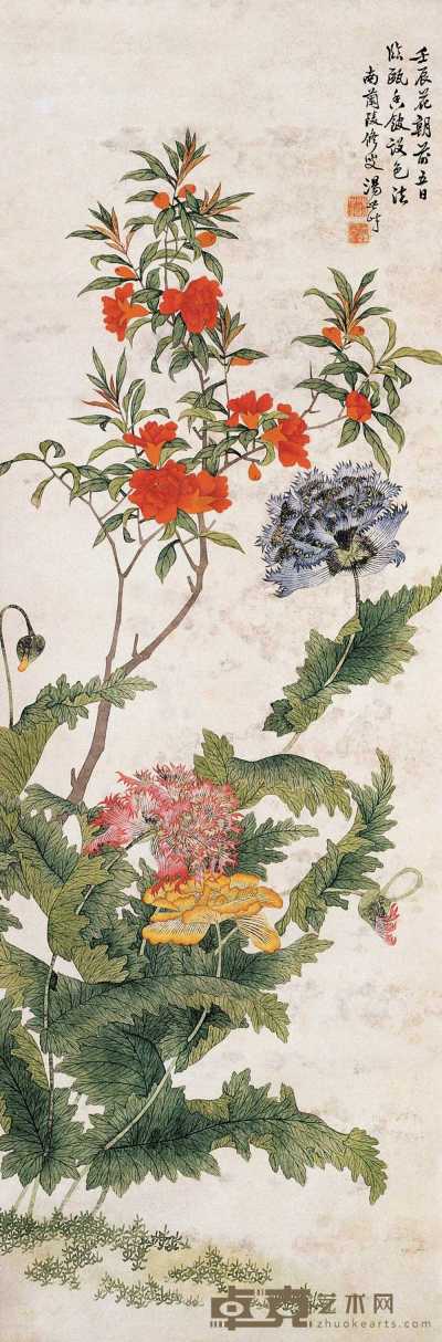 汤世澍 1892年作 花卉 立轴 100×33cm